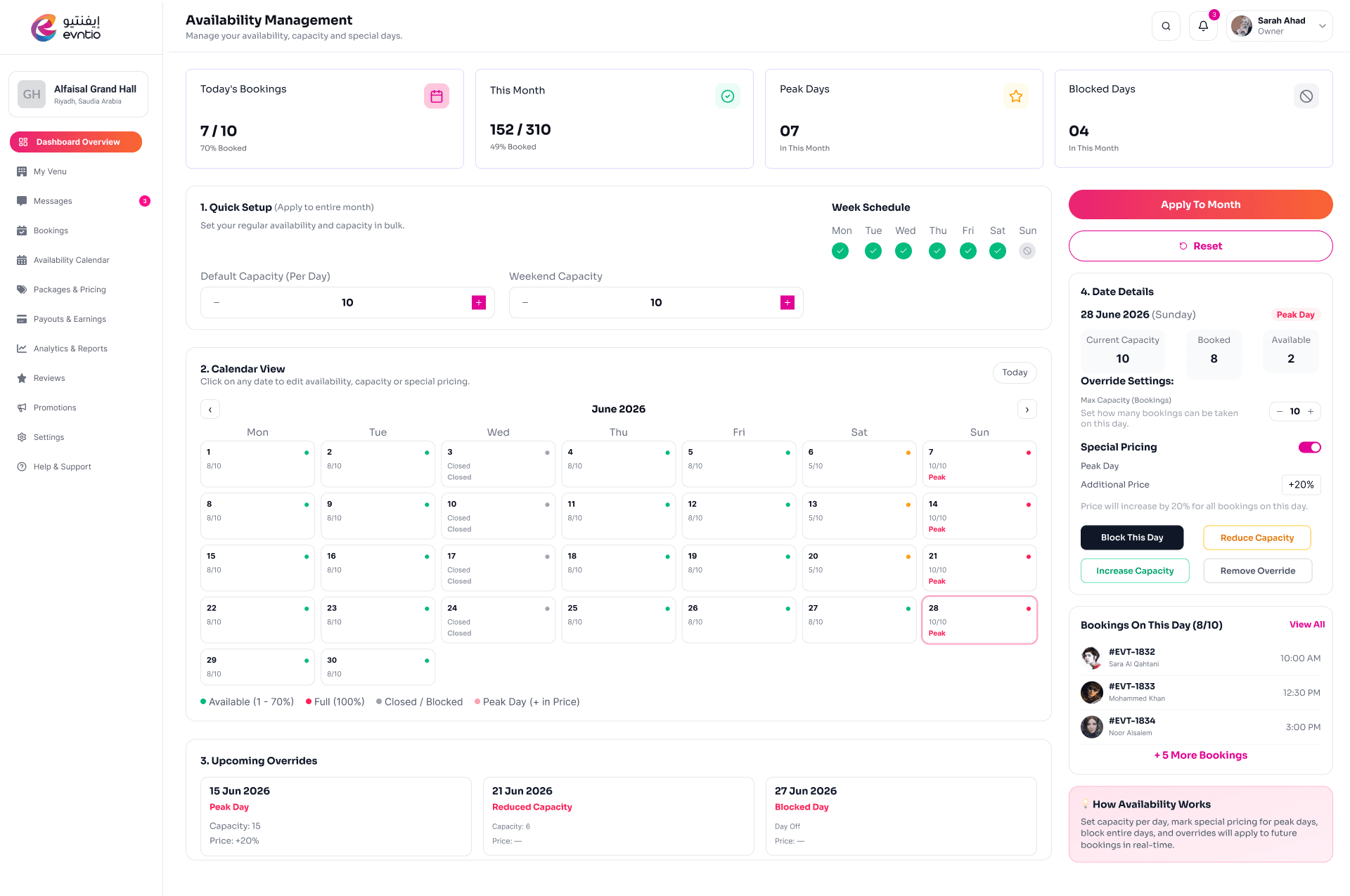 Availability calendar in the Evntio business dashboard