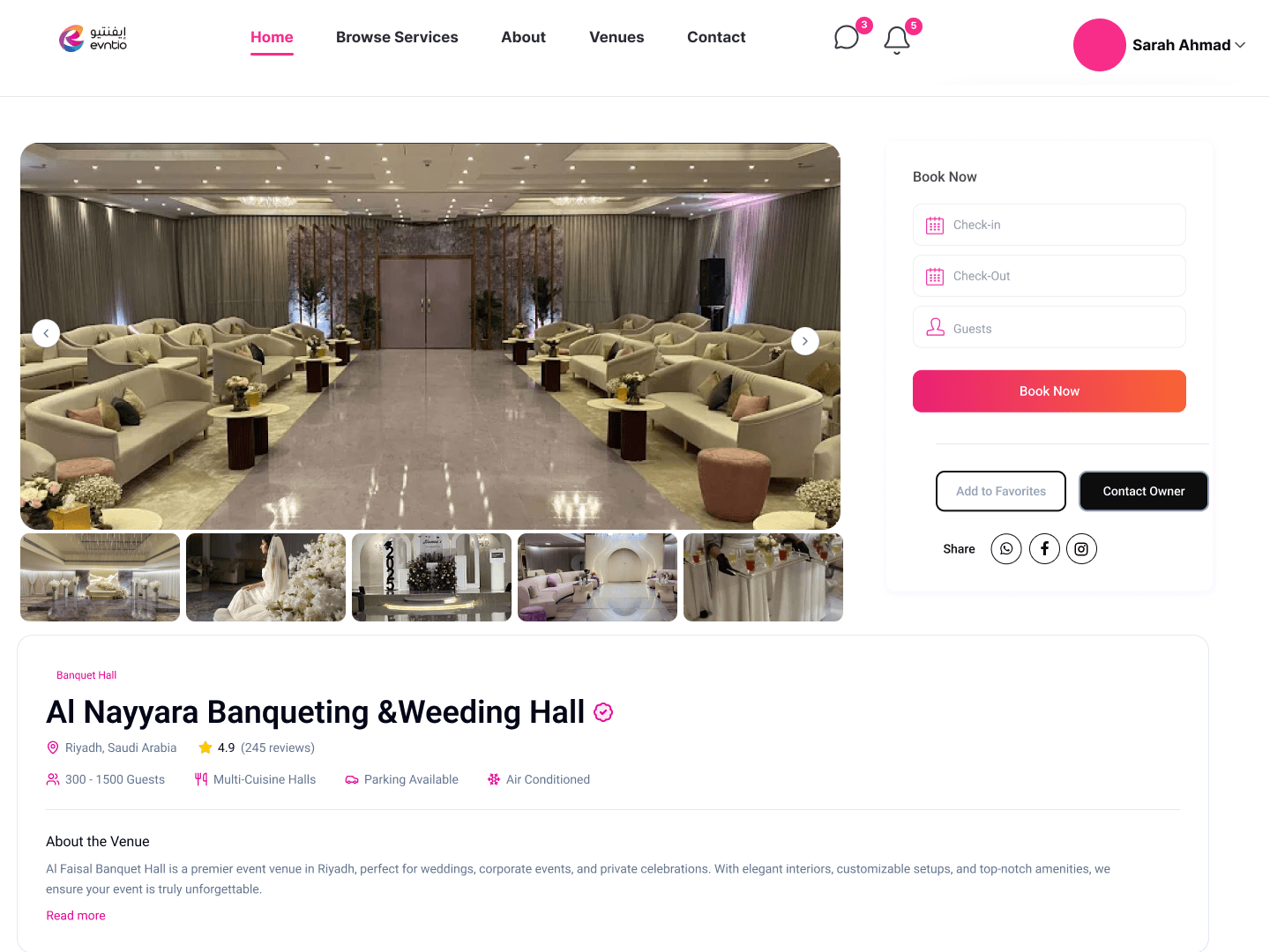 A venue profile as customers see it on Evntio