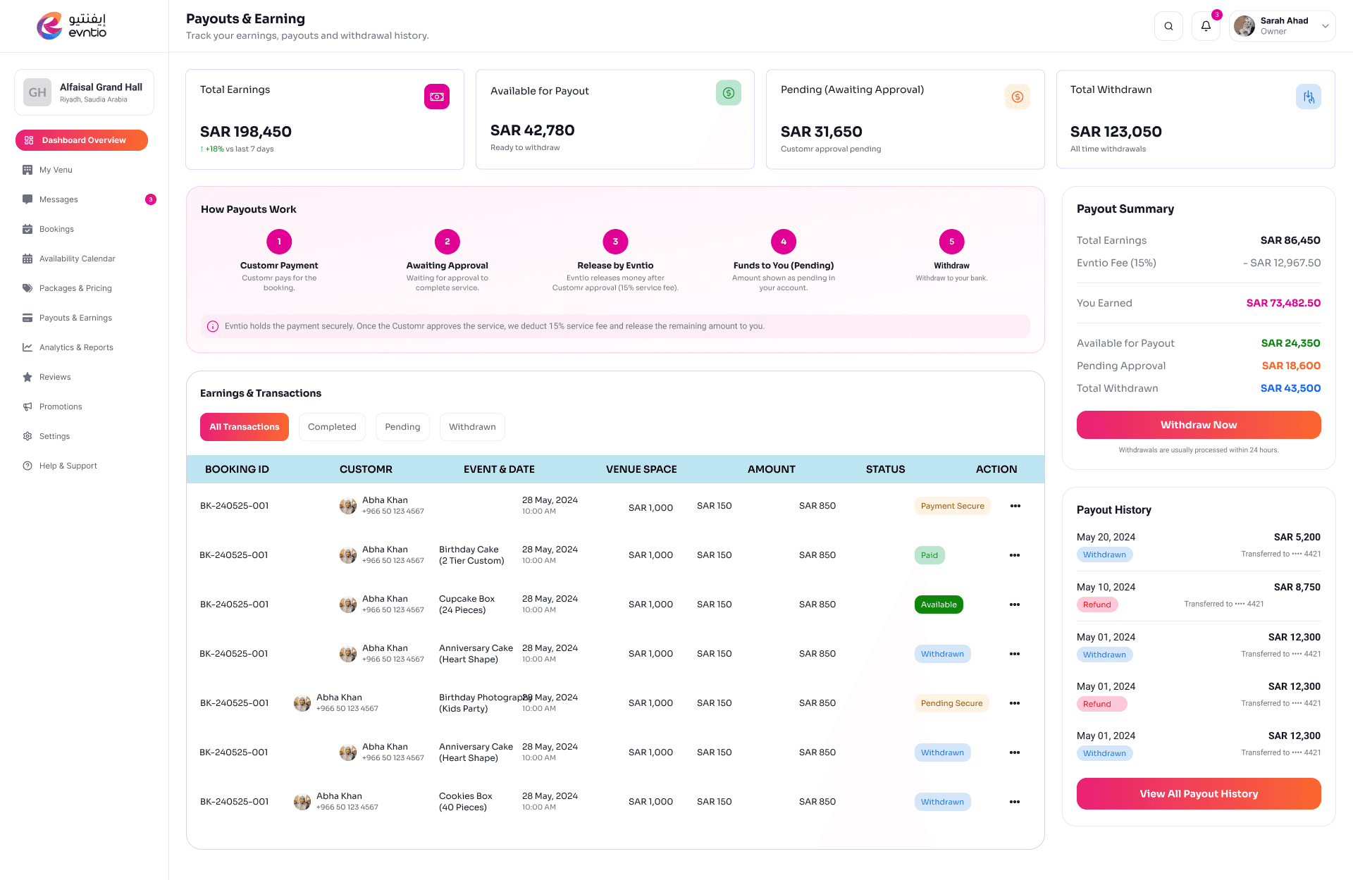 Payments and payouts screen in the Evntio business dashboard